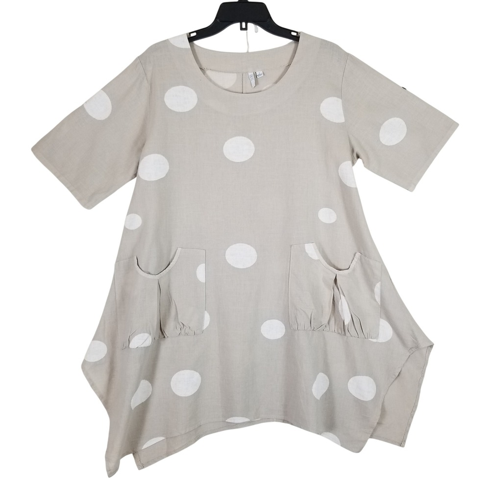 Kaktus Tunic Top Women Sz S Beige Polka Dot Linen Blend Sharkbite Made in Italy